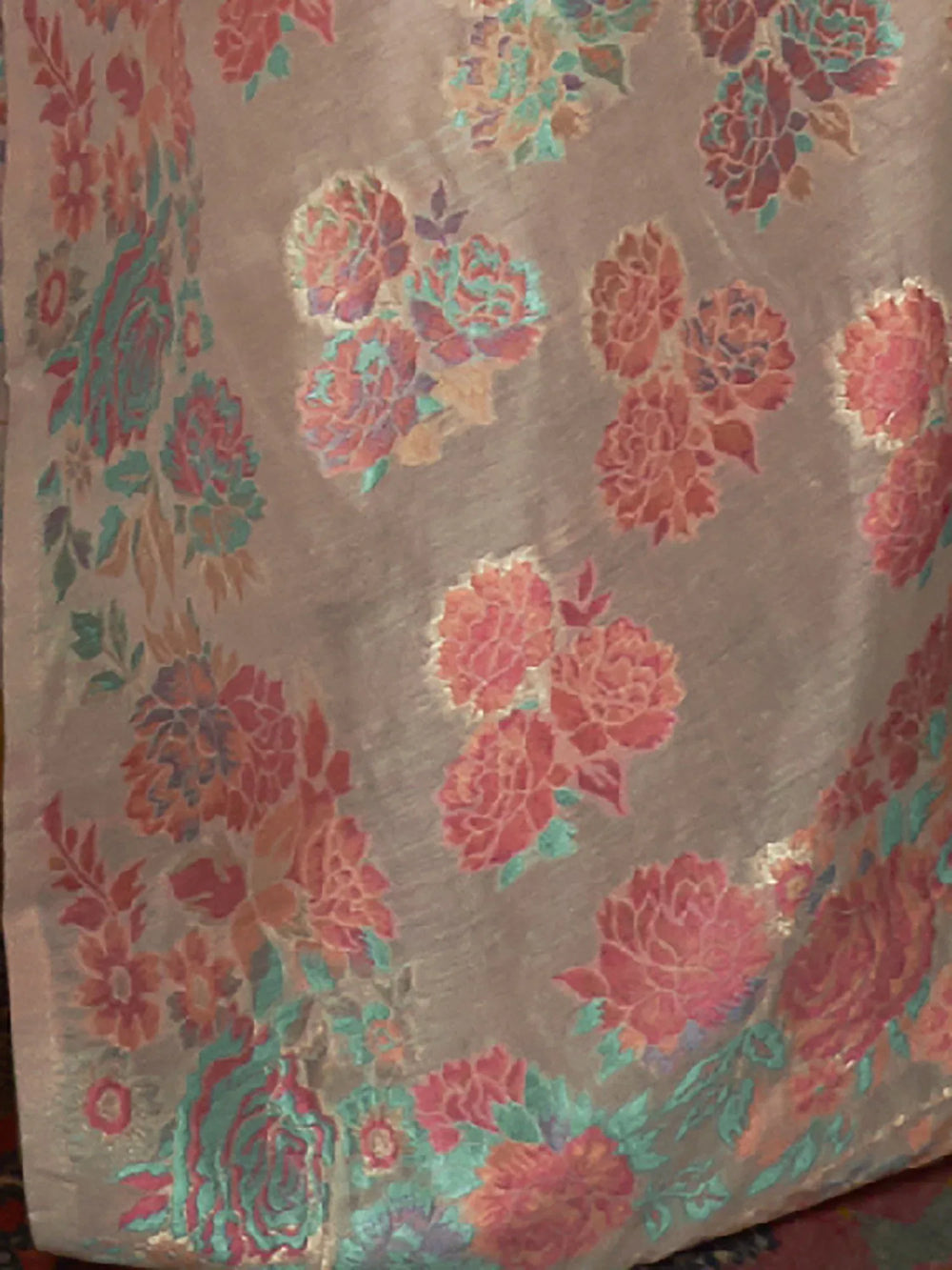 Light Grey Kashmiri Floral Silk Saree - The Dori Store