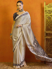 Ethnic Cream Printed Satin Silk Saree - The Dori Store