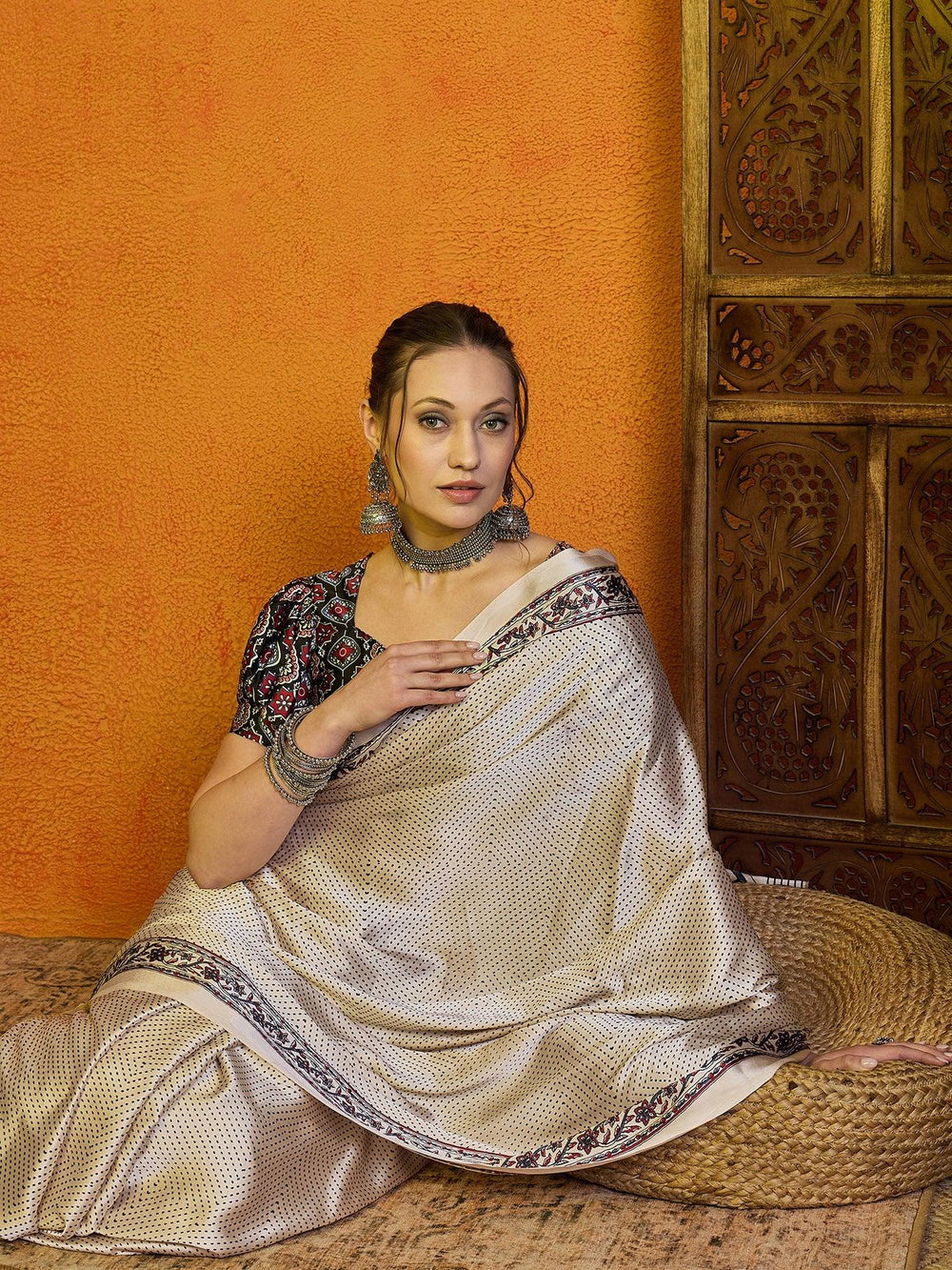 Ethnic Cream Printed Satin Silk Saree - The Dori Store