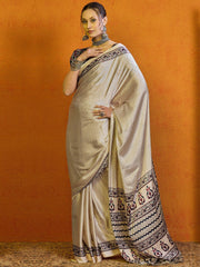 Ethnic Cream Printed Satin Silk Saree - The Dori Store
