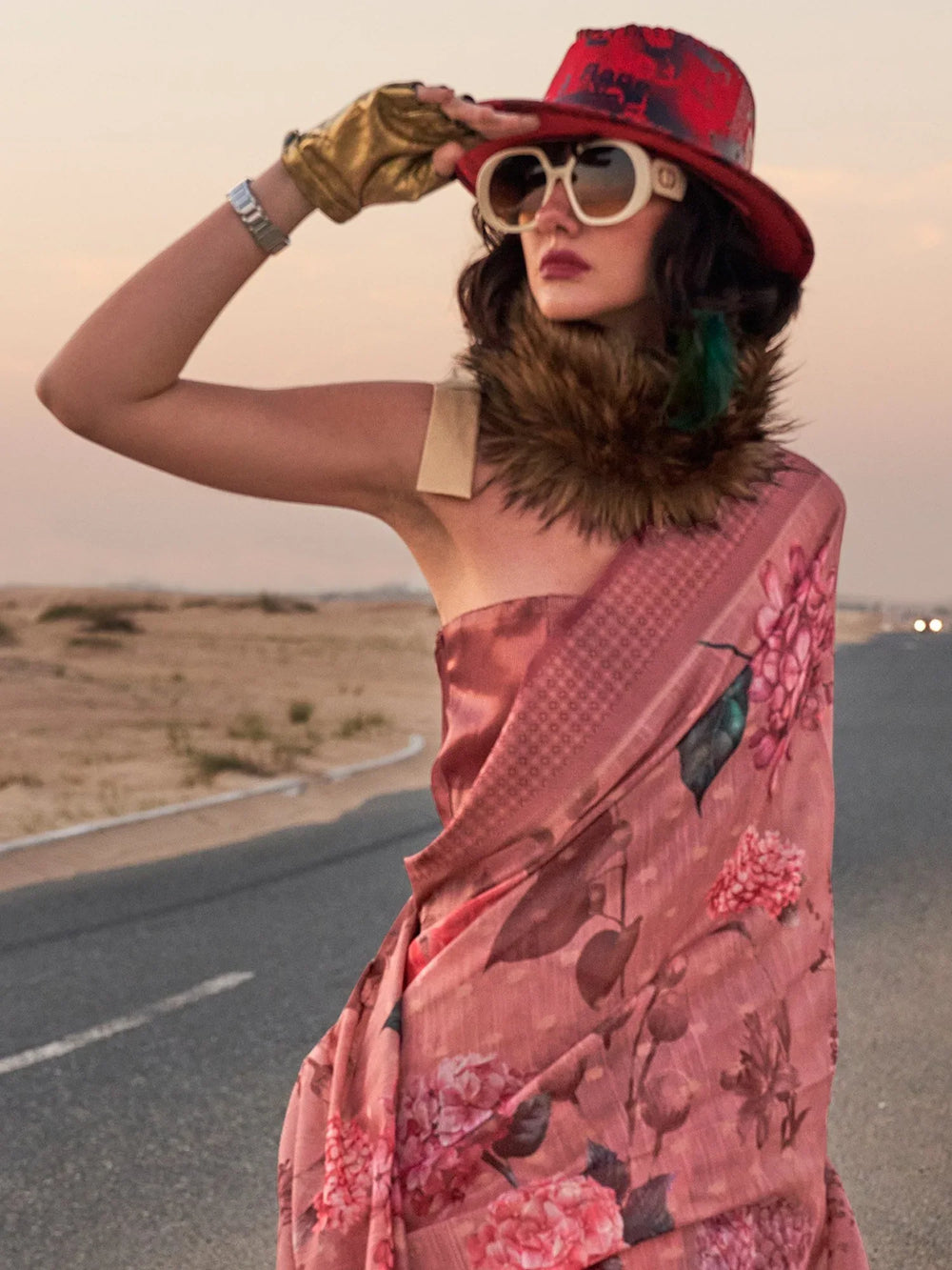 Ethnic Brown Floral Printed Linen Saree - The Dori Store