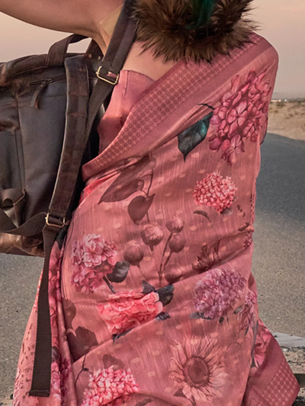 Ethnic Brown Floral Printed Linen Saree - The Dori Store