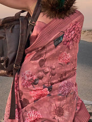 Ethnic Brown Floral Printed Linen Saree - The Dori Store