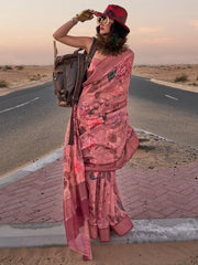 Ethnic Brown Floral Printed Linen Saree - The Dori Store