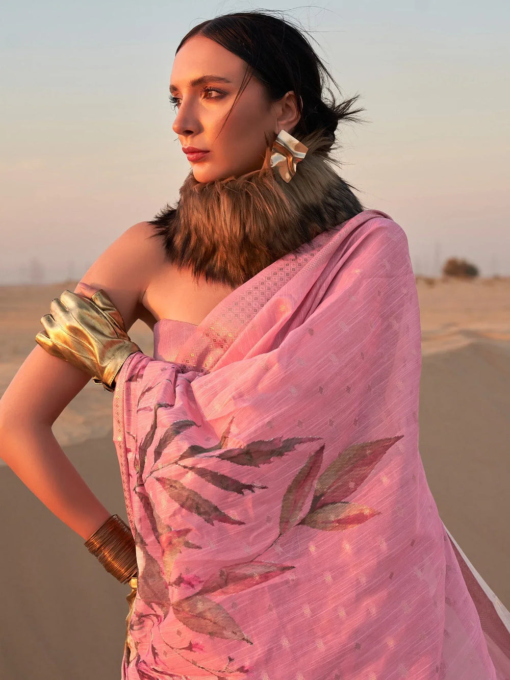 Blush Pink Floral Printed Linen Saree - The Dori Store