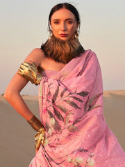 Blush Pink Floral Printed Linen Saree - The Dori Store