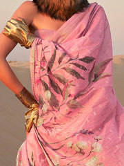 Blush Pink Floral Printed Linen Saree - The Dori Store