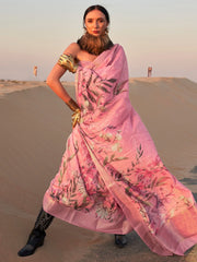 Blush Pink Floral Printed Linen Saree - The Dori Store