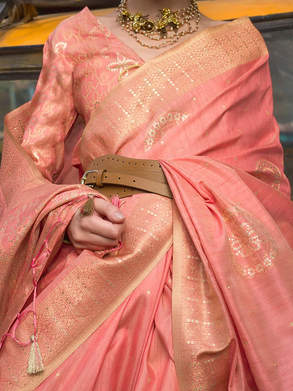 Peach Banarasi Silk Blend Woven Saree - The Dori Store