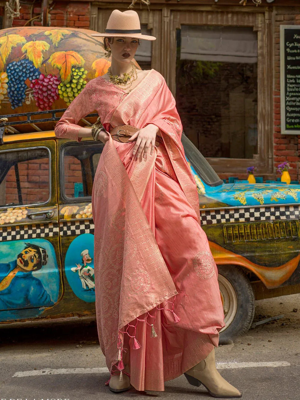 Peach Banarasi Silk Blend Woven Saree - The Dori Store