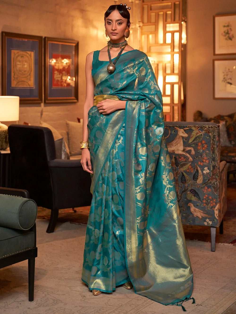 Teal Blue Banarasi Handloom Woven Silk Saree - The Dori Store