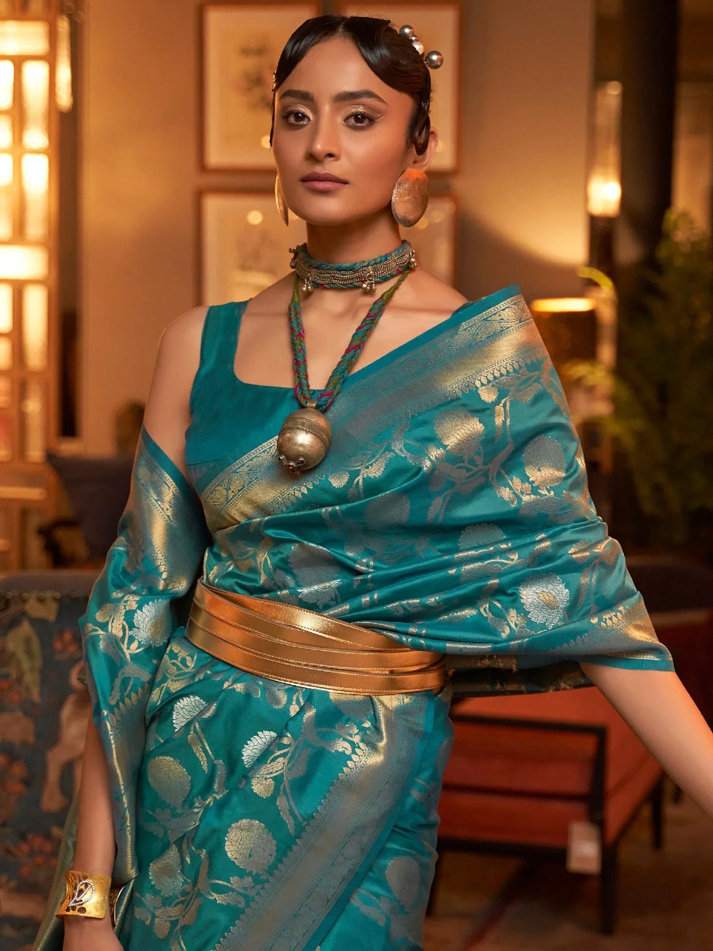 Teal Blue Banarasi Handloom Woven Silk Saree - The Dori Store