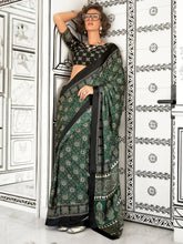 Blackish Green Printed Satin Crepe Saree - The Dori Store