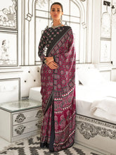Berry Purple Printed Satin Crepe Saree - The Dori Store