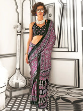 Black and Purple Printed Satin Crepe Saree - The Dori Store