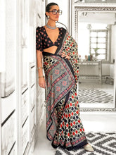 Blackish Multicolor Printed Satin Crepe Saree - The Dori Store