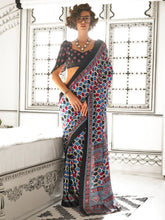 Blackish Blue Printed Satin Crepe Saree - The Dori Store