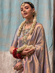 Fossil Grey Partywear Kanjeevaram Silk Saree - The Dori Store