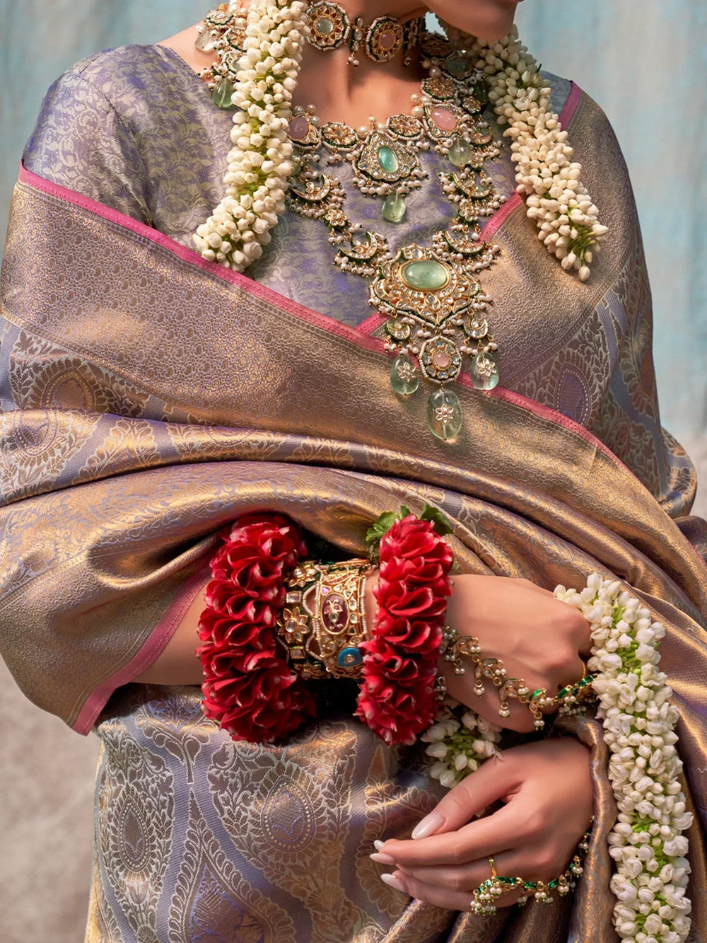 Fossil Grey Partywear Kanjeevaram Silk Saree - The Dori Store