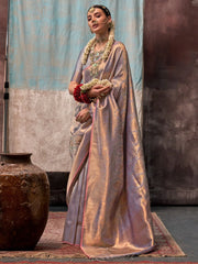 Fossil Grey Partywear Kanjeevaram Silk Saree - The Dori Store