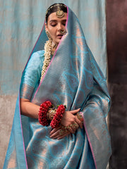 Ocean Blue Partywear Kanjeevaram Silk Saree - The Dori Store