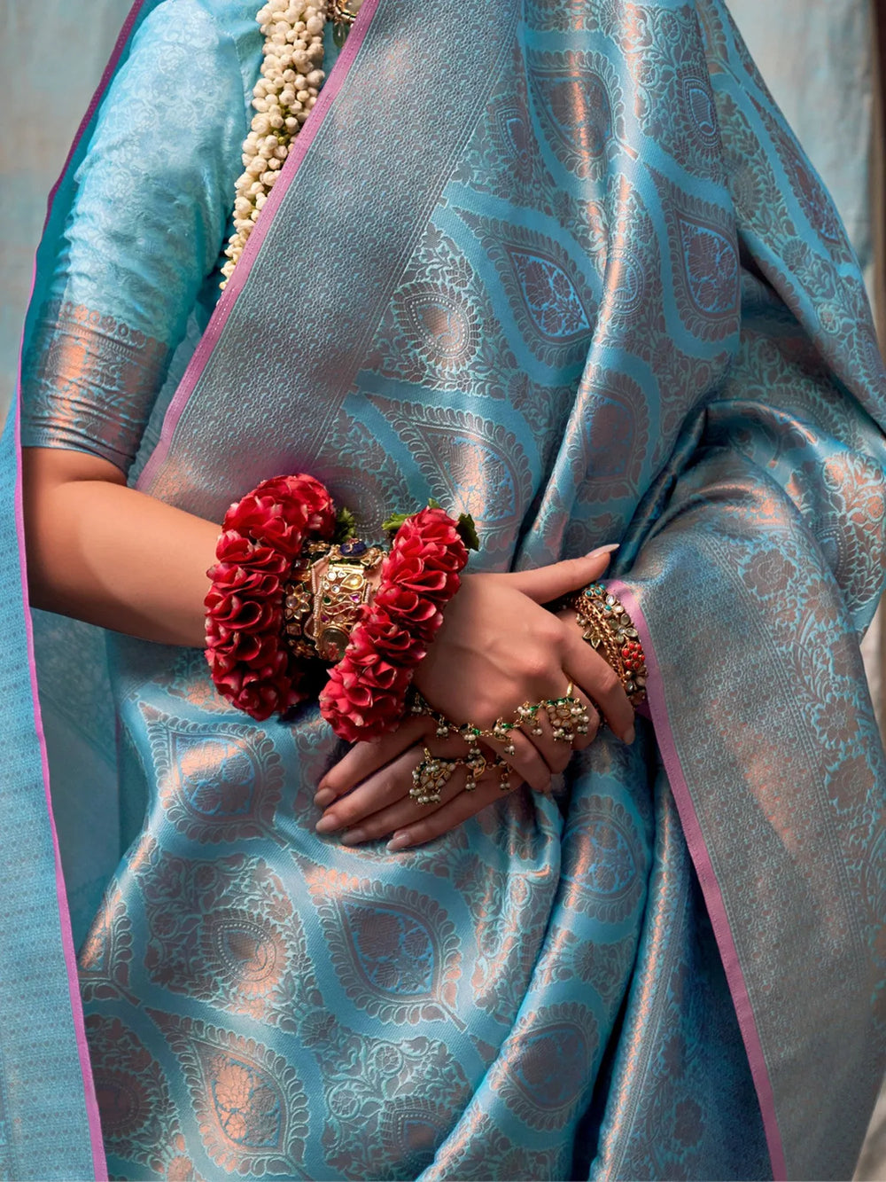 Ocean Blue Partywear Kanjeevaram Silk Saree - The Dori Store