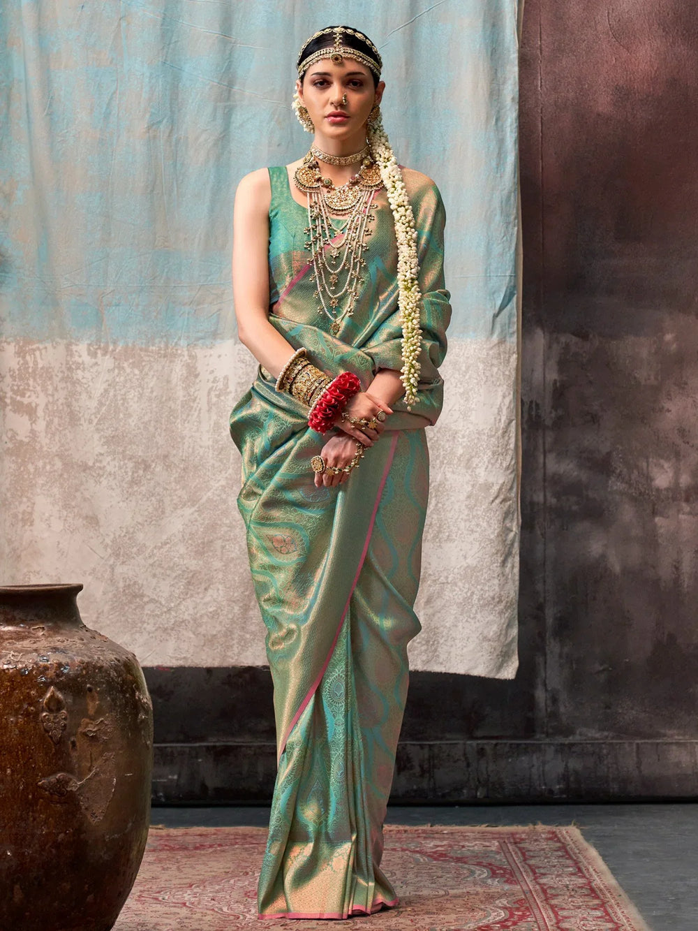 Summer Green Partywear Kanjeevaram Silk Saree - The Dori Store