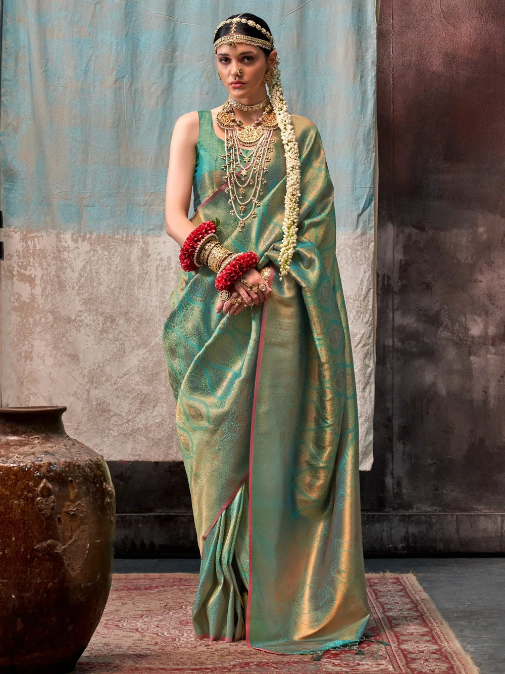 Summer Green Partywear Kanjeevaram Silk Saree - The Dori Store