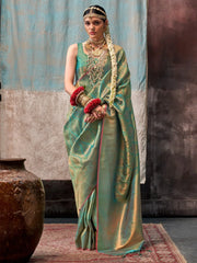 Summer Green Partywear Kanjeevaram Silk Saree - The Dori Store