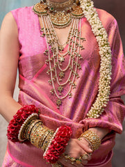 Queen Pink Partywear Kanjeevaram Silk Saree - The Dori Store