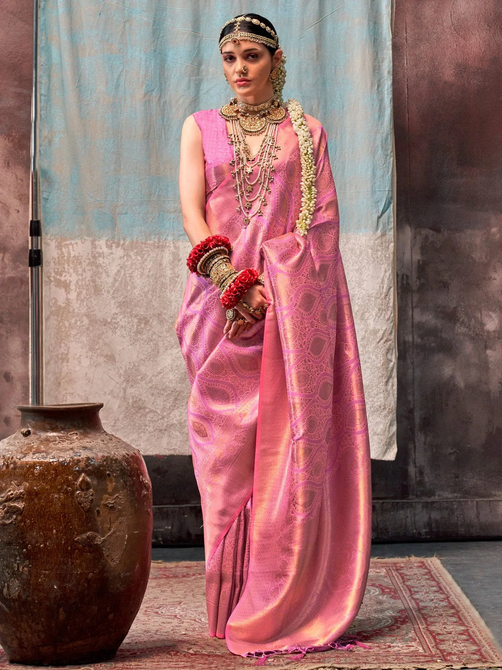 Queen Pink Partywear Kanjeevaram Silk Saree - The Dori Store