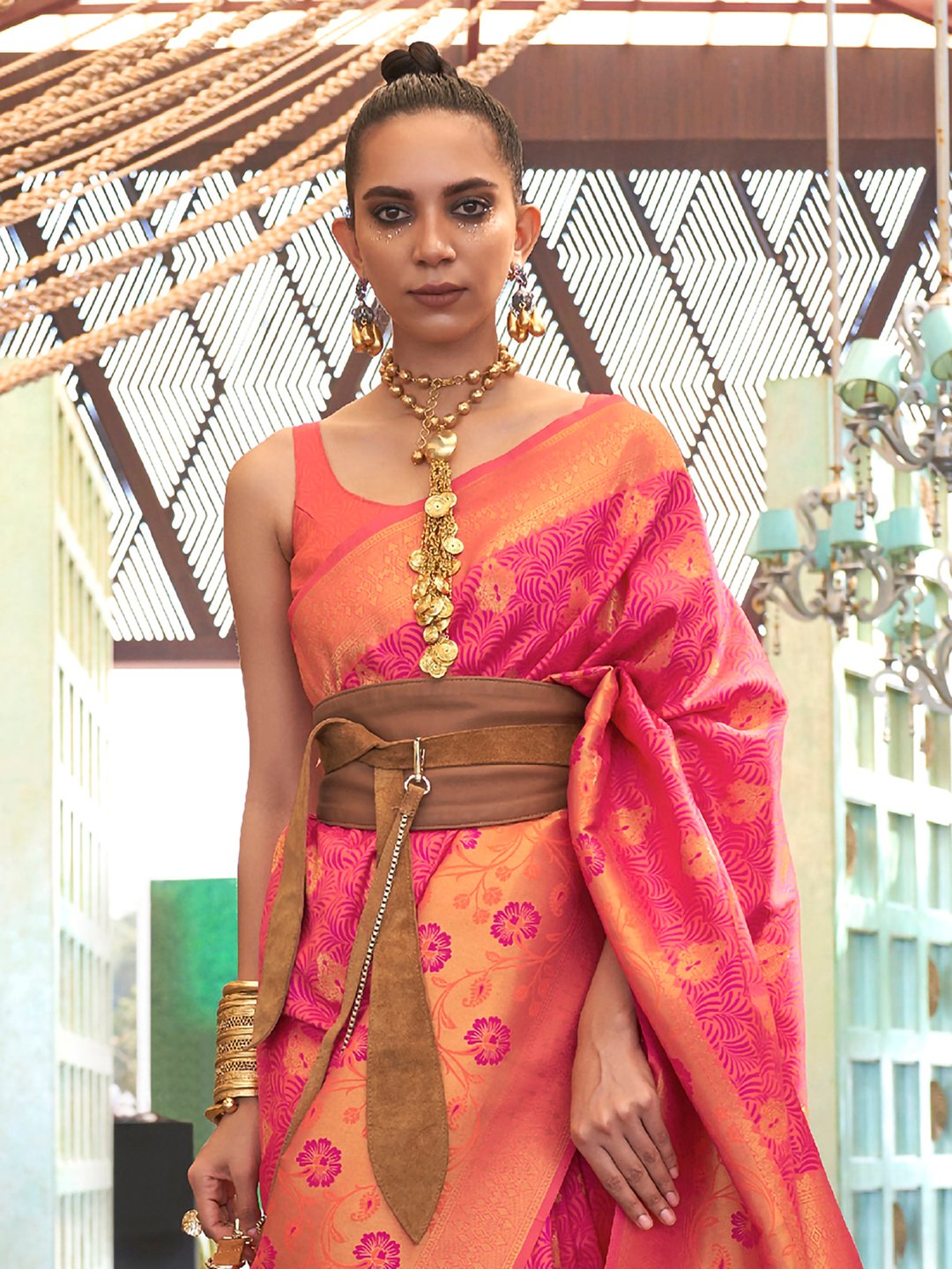 Pink Banarasi Silk Blend Woven Saree
