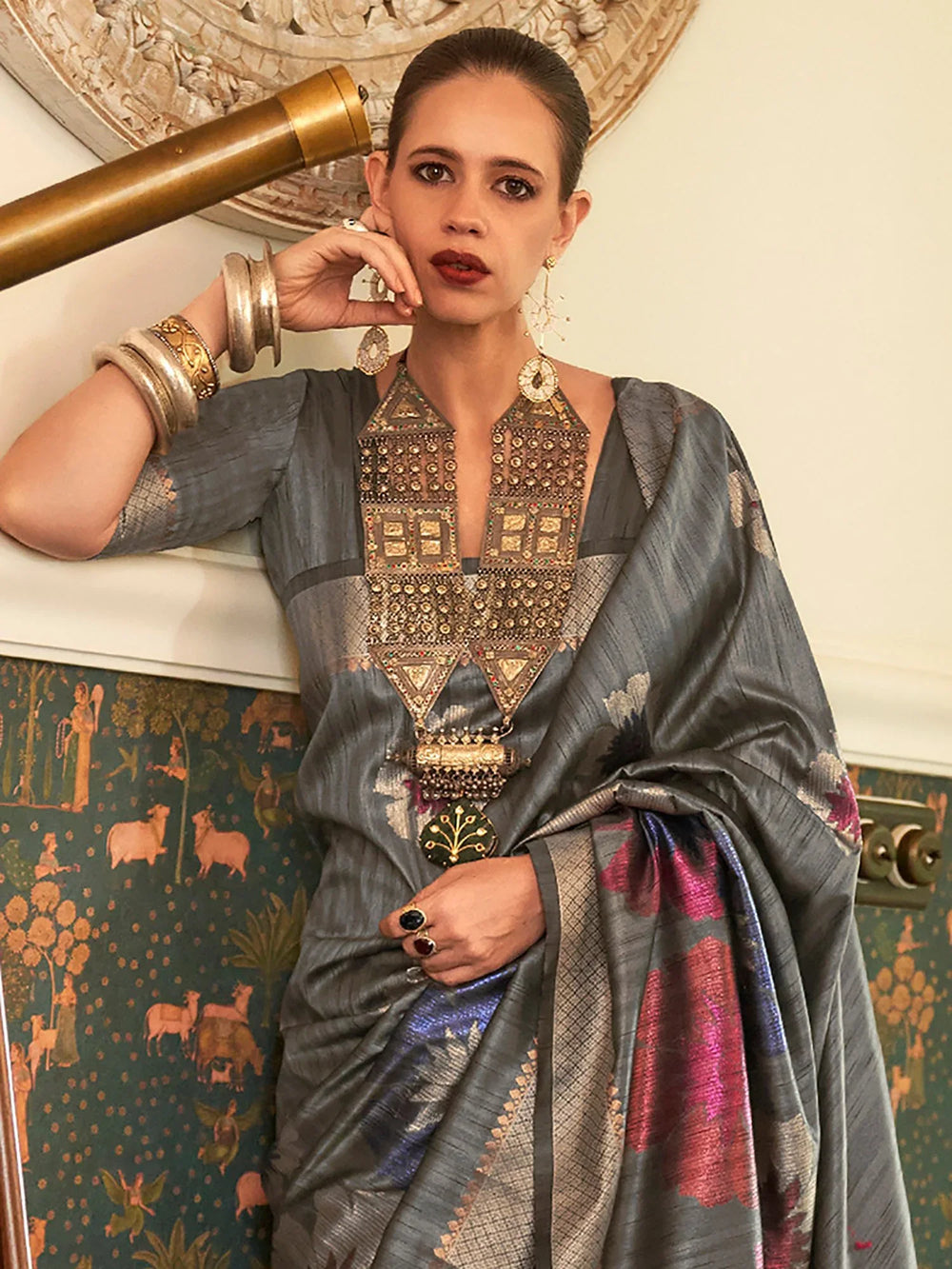 Ethnic Grey Banarasi Silk Saree - The Dori Store