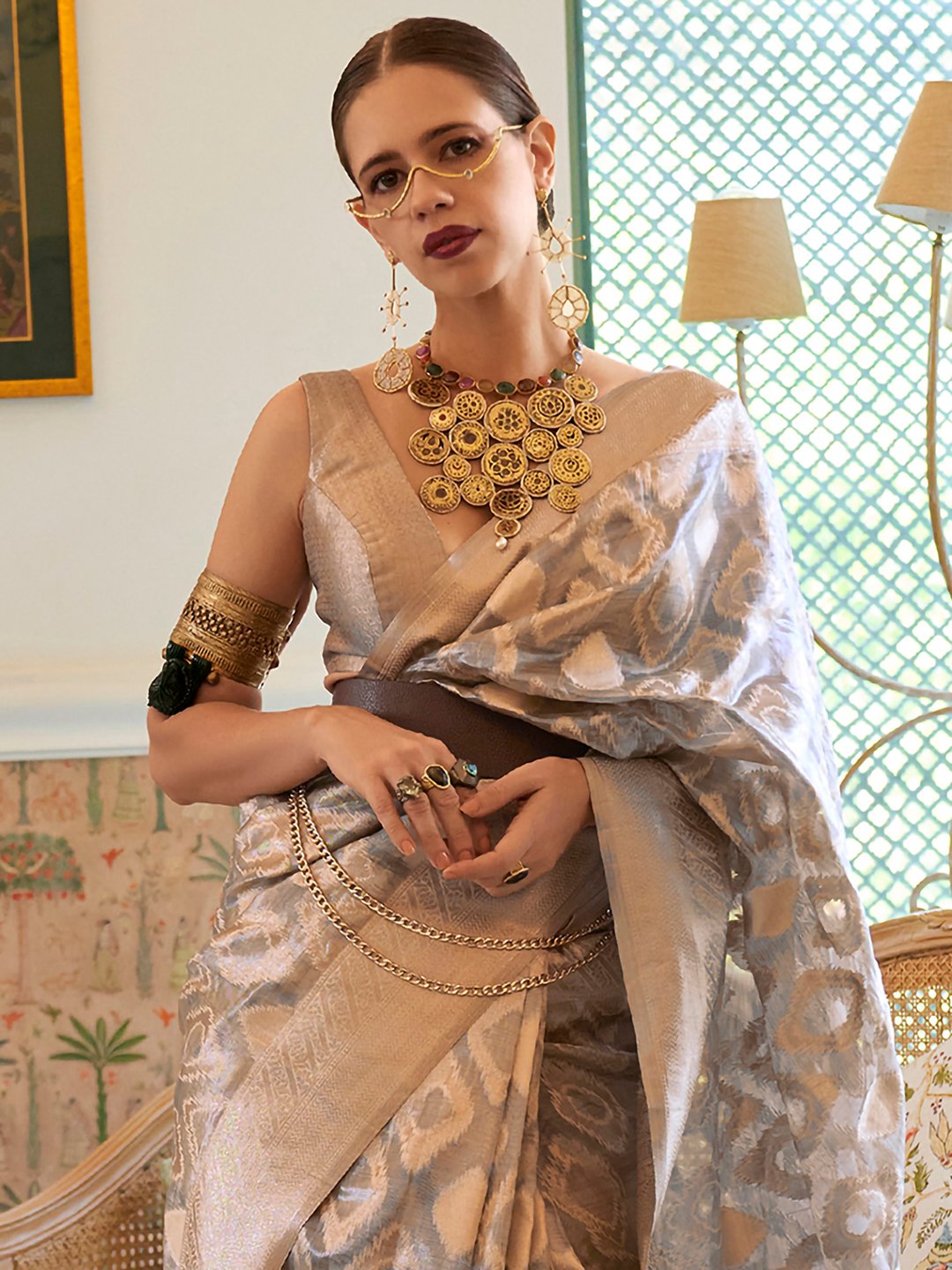 Grey  Banarasi Tissue Woven Saree