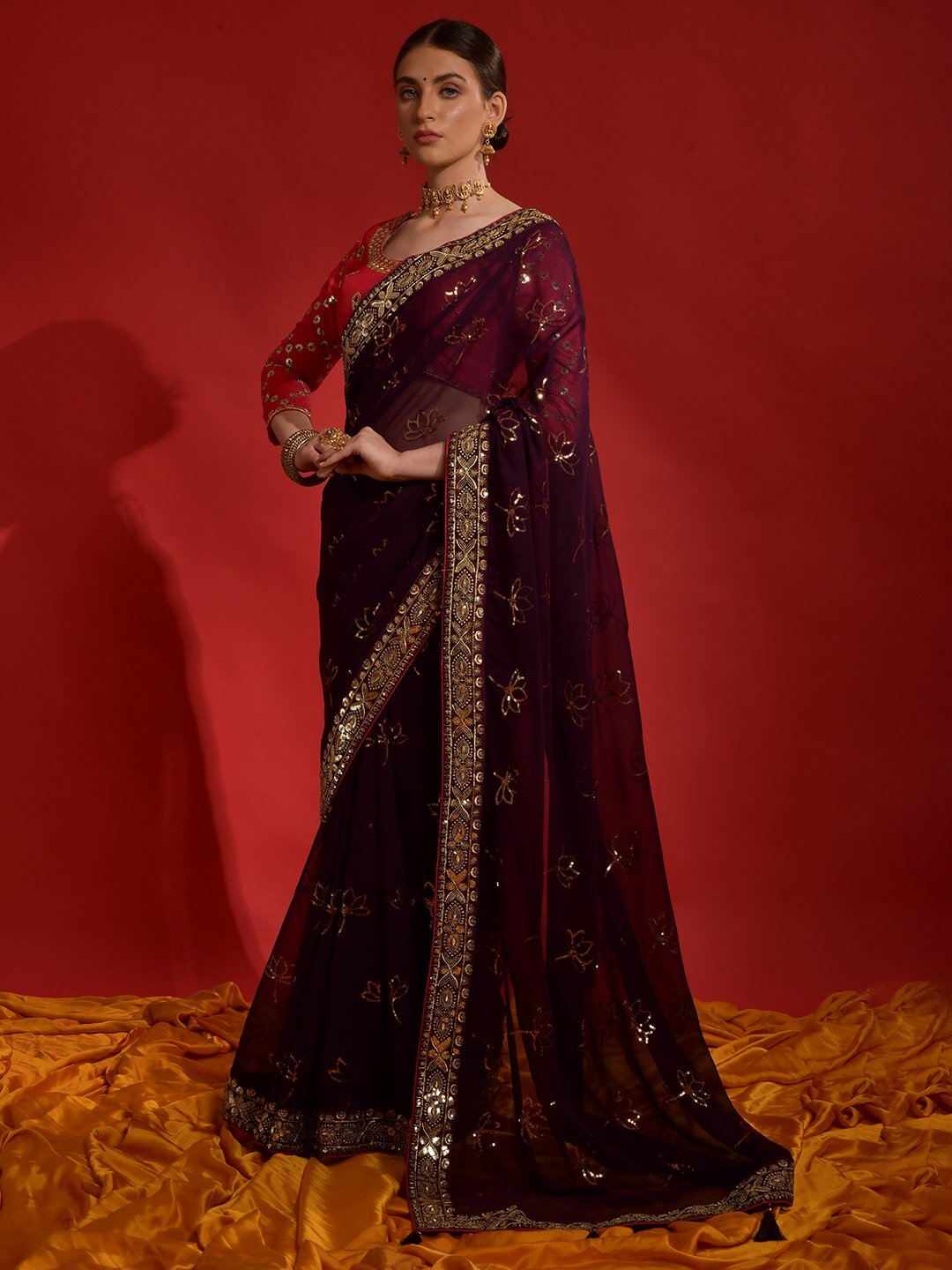 Burgundy Party Wear Georgette Embellished Saree