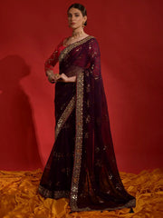 Burgundy Party Wear Georgette Embellished Saree - The Dori Store