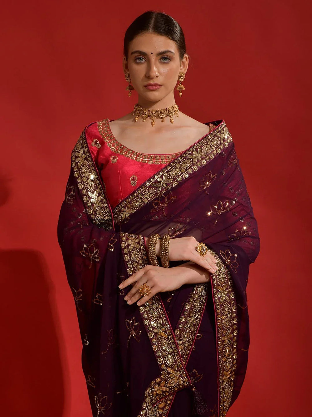 Burgundy Party Wear Georgette Embellished Saree - The Dori Store