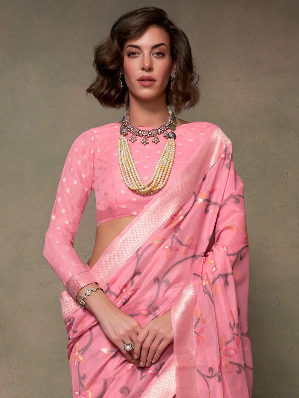 Beautiful Pink Woven Banarasi Jamdani Saree - The Dori Store