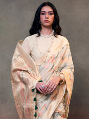 Ethnic Cream Woven Banarasi Jamdani Saree - The Dori Store