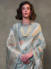 Graceful Grey Woven Banarasi Jamdani Saree - The Dori Store