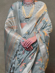 Graceful Grey Woven Banarasi Jamdani Saree - The Dori Store