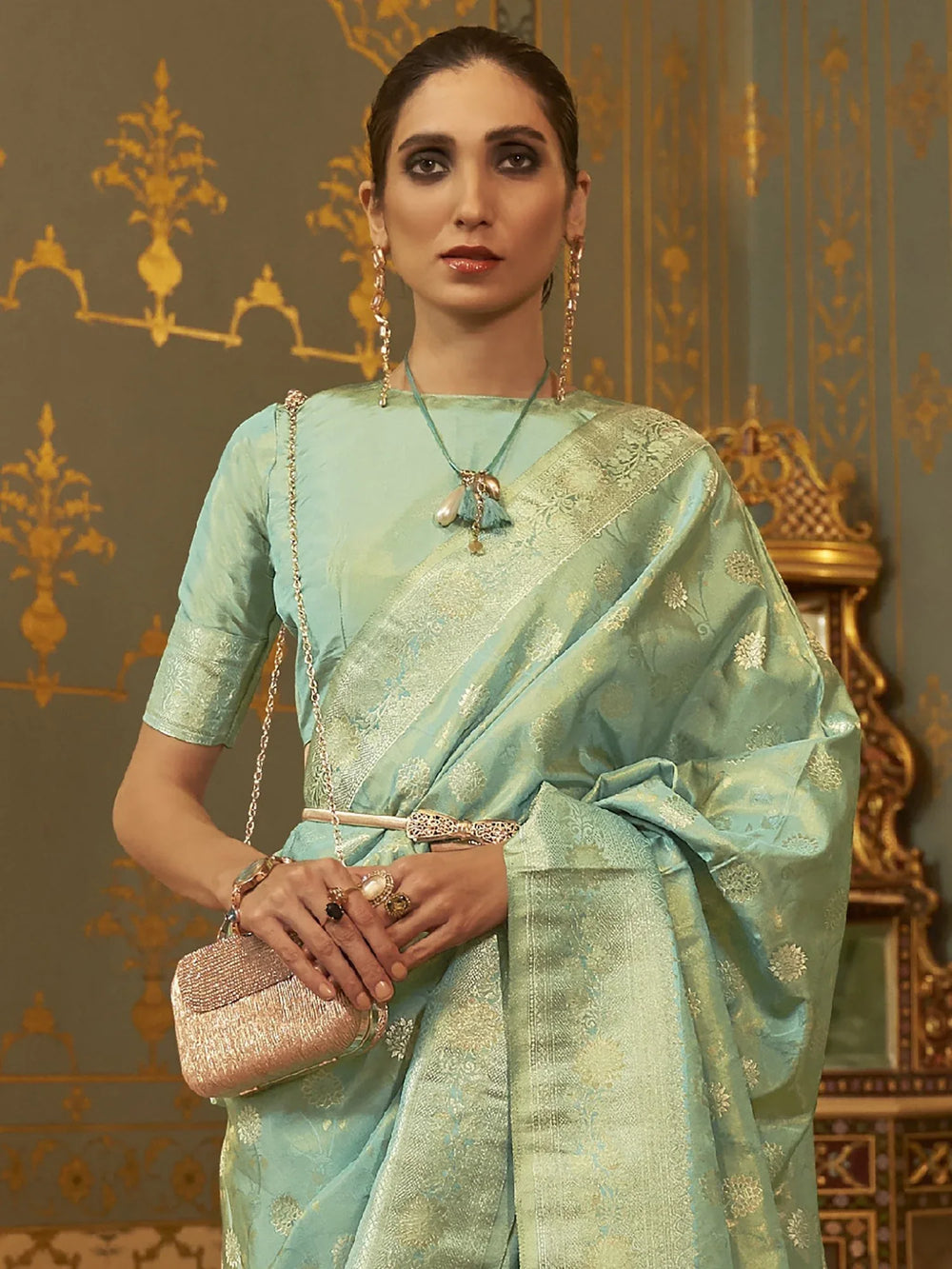 Partywear Sea Green Handloom Banarasi Silk Saree - The Dori Store