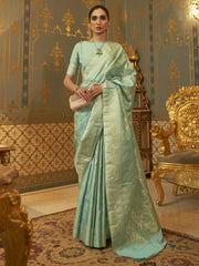 Partywear Sea Green Handloom Banarasi Silk Saree - The Dori Store