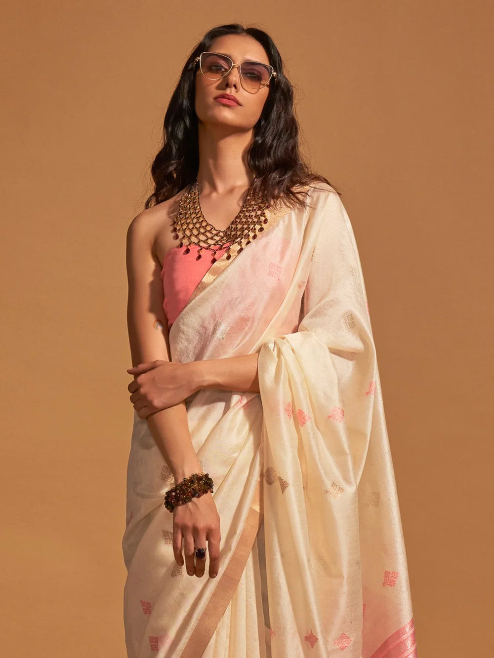 Off White Partywear Satin Silk Saree - The Dori Store