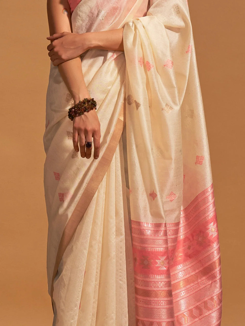 Off White Partywear Satin Silk Saree - The Dori Store