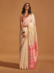 Off White Partywear Satin Silk Saree - The Dori Store