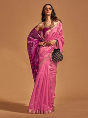 Purplish Pink Partywear Satin Silk Saree - The Dori Store