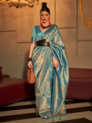 Teal Blue Kanjeevaram Silk Bridal Saree - The Dori Store