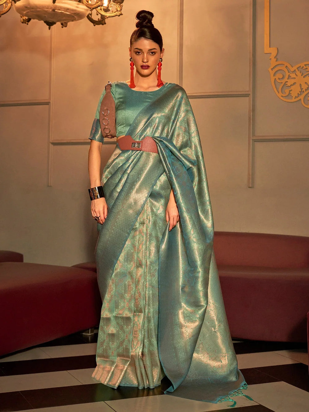 Teal Green Kanjeevaram Silk Designer Saree - The Dori Store