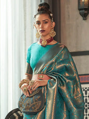 Ocean Blue Kanjeevaram Silk Blend Woven Saree - The Dori Store